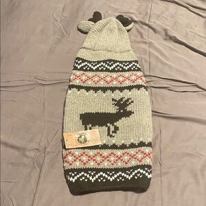Cozy Reindeer Knit Dog Sweater with Hood - Gray/Brown M